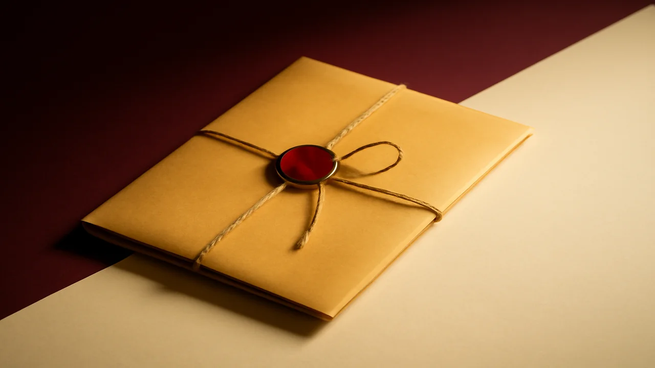 Editorial still life of a wax-sealed folder representing licensing