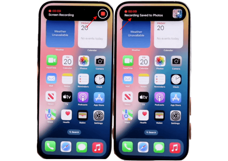 iPhone screen in the middle of recording a TikTok video, showing a red status bar at the top left and microphone enabled, proving the screen recording and audio capture are active.