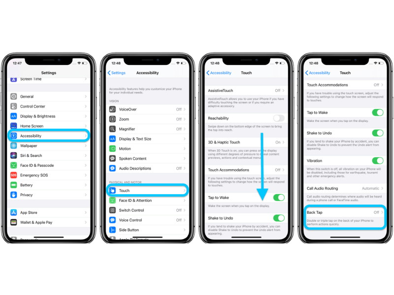 Screenshot of iPhone Accessibility settings showing the Back Tap configuration screen, with options to assign actions to Double Tap and Triple Tap gestures