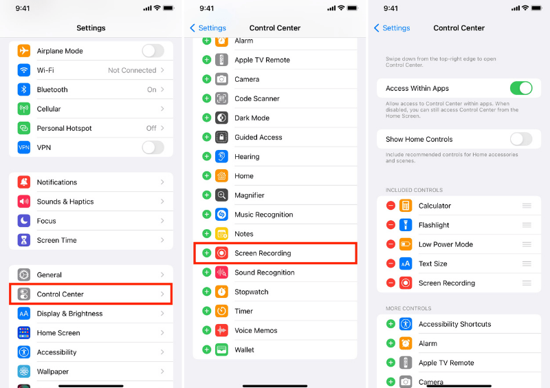 iPhone Settings screen under “Control Center” showing the “More Controls” section in which the “Screen Recording” option is highlighted with a green plus button, indicating it is being added to the Control Center.