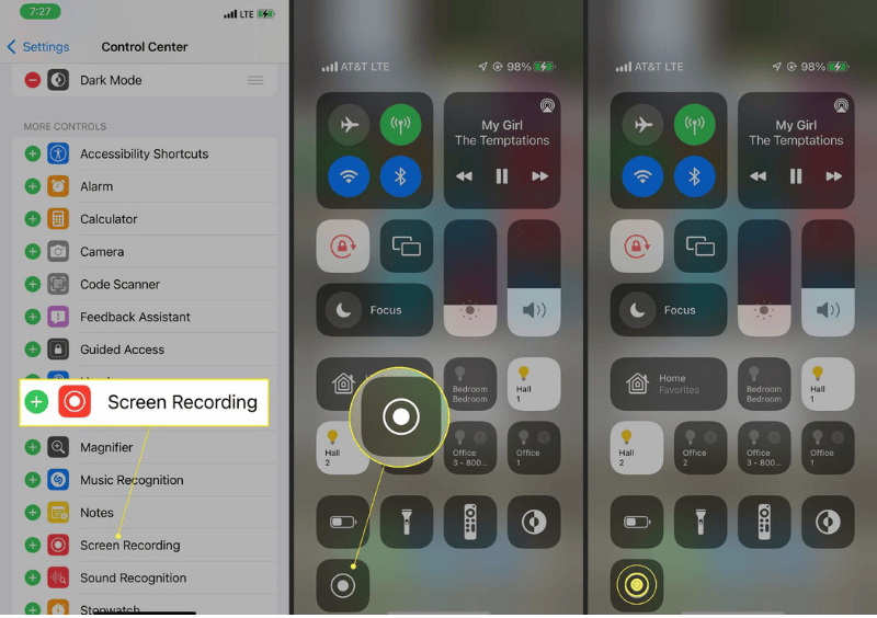 iPhone screen displaying the Control Center with the Screen Recording icon highlighted in red, showing a circle within a circle symbol, ready to begin a recording session.