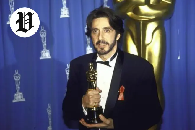 Al Pacino holding his Oscar award in the press room at the Academy Awards.
