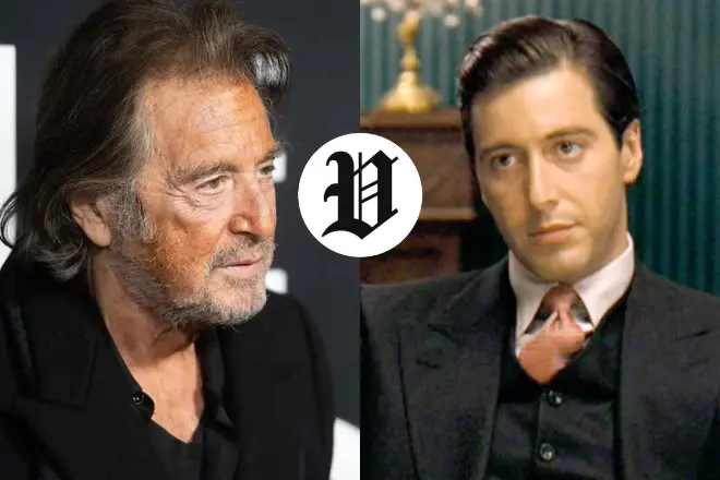 Al Pacino side by side comparison of his younger and older self, including his role in The Godfather