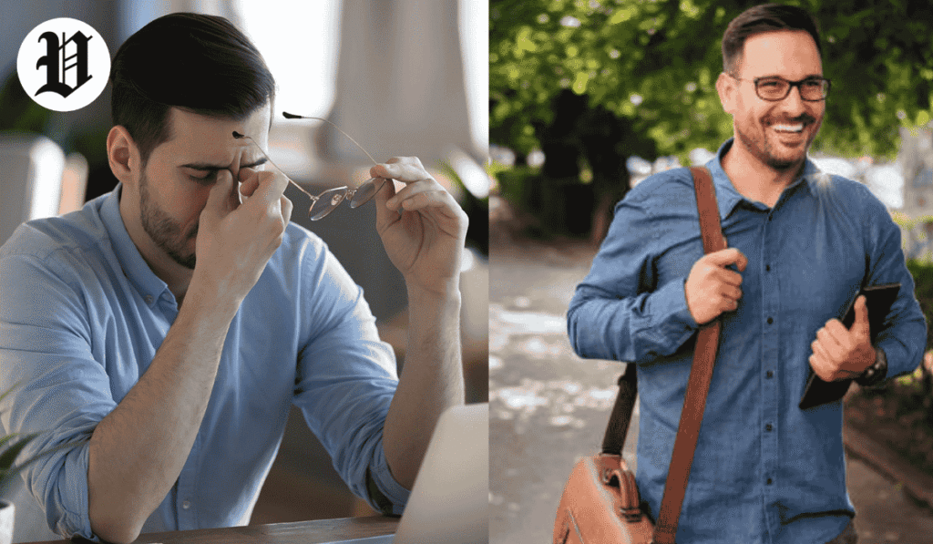 Man stressed at desk contrasted with same man smiling outdoors, showing healthy lifestyle change.
