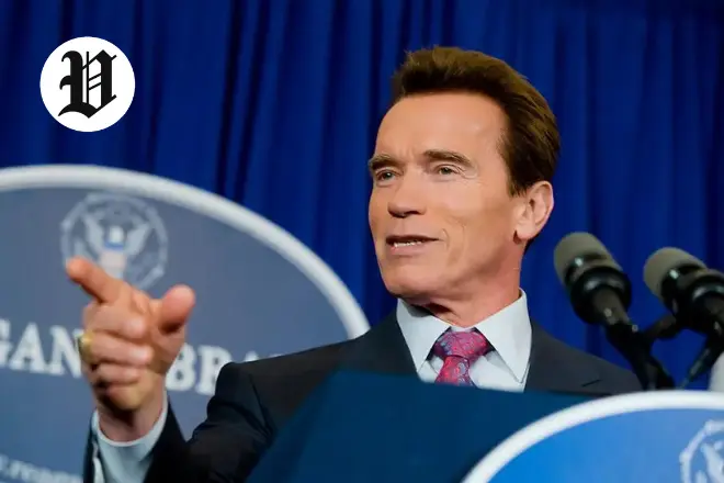 Arnold Schwarzenegger giving a speech as a political leader