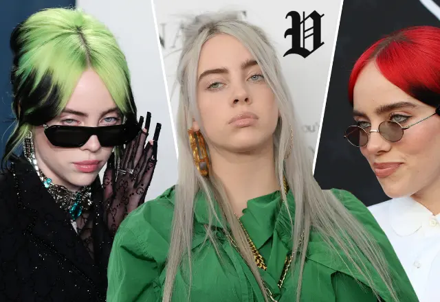 Billie Eilish with different iconic hair colors and fashion styles ahead of her 2025 tour
