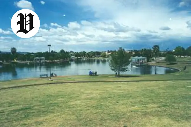 Lake with walking paths at Desert Breeze Park in Las Vegas
