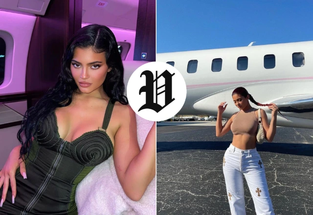 Kylie Jenner inside her private jet and standing near the jet in a stylish outfit