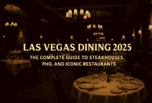 Las Vegas Dining 2025 – Premium steakhouse table setting with gourmet steak, pho bowl, and wine, symbolizing top restaurants in Las Vegas.
