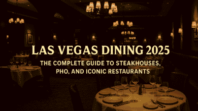 Las Vegas Dining 2025 – Premium steakhouse table setting with gourmet steak, pho bowl, and wine, symbolizing top restaurants in Las Vegas.