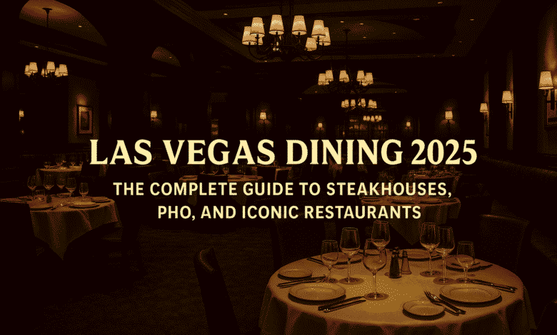 Las Vegas Dining 2025 – Premium steakhouse table setting with gourmet steak, pho bowl, and wine, symbolizing top restaurants in Las Vegas.