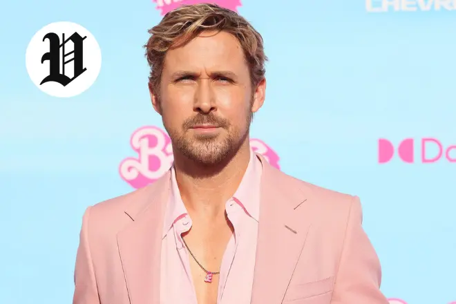 Ryan Gosling wearing a pink suit at the Barbie premiere event