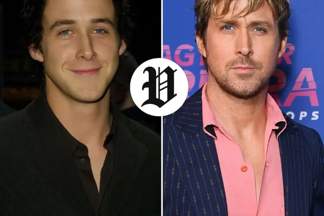 Ryan Gosling young vs present side-by-side transformation photo