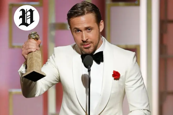 : Ryan Gosling holding a Golden Globe award in a white tuxedo