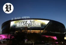 T-Mobile Arena in Las Vegas lit up with 'Vegas Born' sign