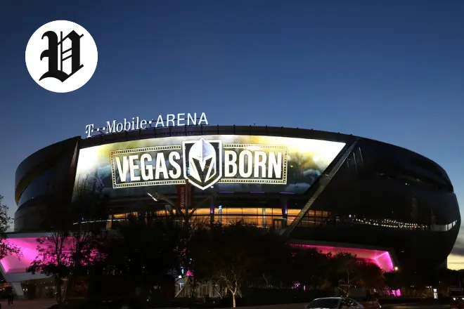 T-Mobile Arena in Las Vegas lit up with 'Vegas Born' sign