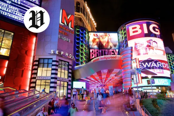 Bright lights and shopping at Miracle Mile, a popular tourist places in Las Vegas