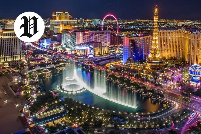 The Las Vegas Strip skyline with Bellagio fountains, a famous tourist places in Las Vegas.
