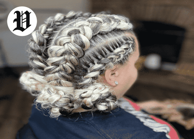 Short hair braids styled in blonde cornrows with buns, 2025 trend.