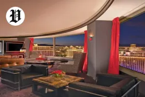 Affordable suites in Las Vegas with Strip views and modern lounge area