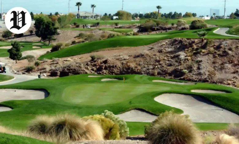 Angel Park Golf Club desert-style course with rolling fairways, sand bunkers, and palm trees under clear skies.