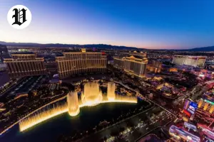 Aerial night view of the Las Vegas Strip with the Bellagio fountains – Best Time to Visit Las Vegas