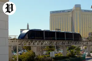 Free tram in Las Vegas passing Mandalay Bay hotel on the Strip.