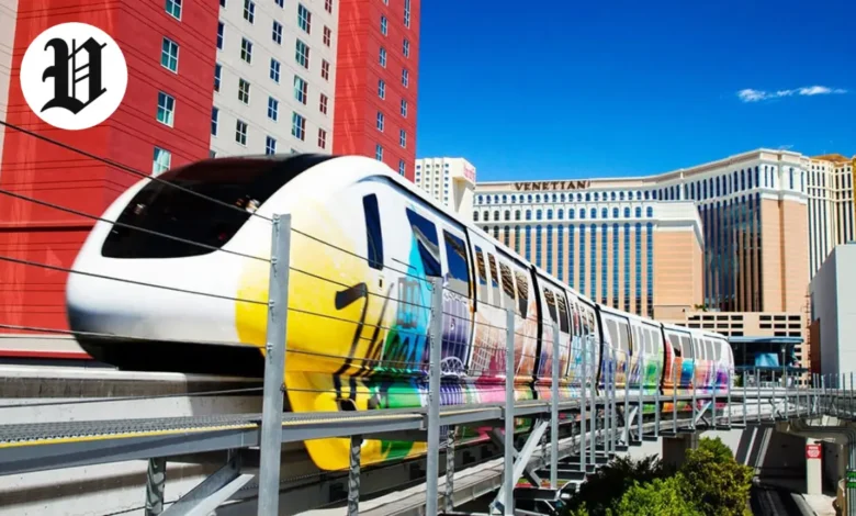 Colorful Las Vegas Monorail near the Venetian resort.