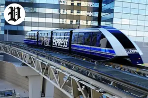 Aria Express free tram in Las Vegas traveling between Aria, Bellagio, and Park MGM.