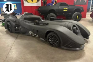 Iconic Batmobile replica on display at the Hollywood Car Museum in Las Vegas