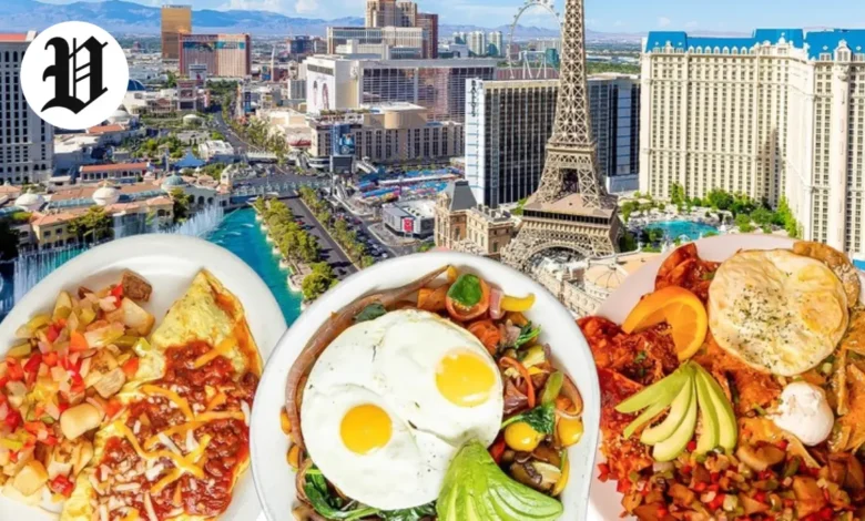 Las Vegas Strip view with omelets, avocado bowls, and affordable meals representing Las Vegas cheap eats.