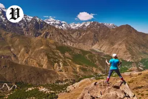 Adventurer overlooking desert mountains near Las Vegas