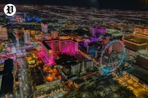 Aerial night view of Las Vegas Tourist Attractions along the Strip.