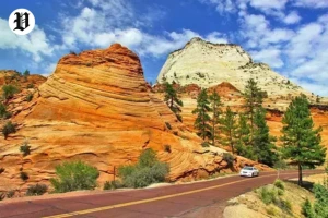 Curving road through red rocks on Las Vegas to Zion National Park drive.