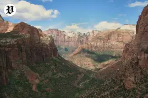 Panoramic view of Zion National Park’s red rock canyon from Las Vegas route.