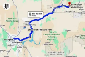 Map showing driving route from Las Vegas to Zion National Park.