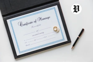 Marriage certificate with wedding rings and pen – Married in Las Vegas documentation.