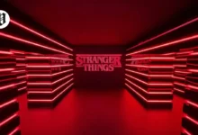 Stranger Things in Las Vegas red neon tunnel entrance with glowing logo