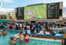 People enjoying a rooftop poolside Super Bowl watch parties in Las Vegas. at Stadium Swim