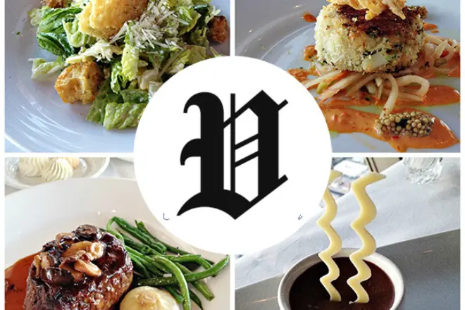 Signature dishes at Top of the World Las Vegas including steak, salad, seafood, and dessert