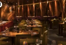 Modern fine dining interior at a unique restaurant in Las Vegas with warm wood décor