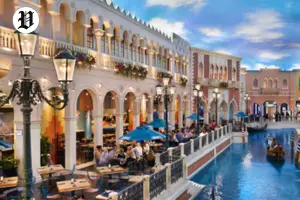 Venetian Gondola Ride along indoor canals with restaurants in Las Vegas