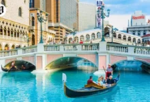 Outdoor Venetian Gondola Ride under bridge at The Venetian Resort Las Vegas