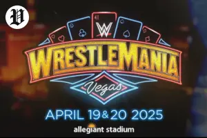 WrestleMania Las Vegas 2025 logo with poker card theme, announcing April 19 & 20 dates at Allegiant Stadium