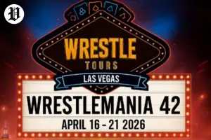 WrestleMania Las Vegas 42 marquee sign announcing April 16–21, 2026 dates for the six-day WWE event.