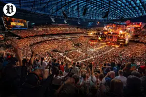 Full stadium packed with WWE fans during WrestleMania Las Vegas event at Allegiant Stadium