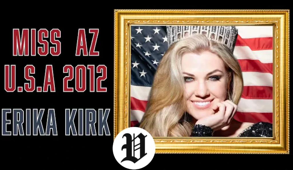 A promotional graphic featuring a smiling blonde woman framed in gold against an American flag, styled for Erika Lane Frantzve pageant-themed content.