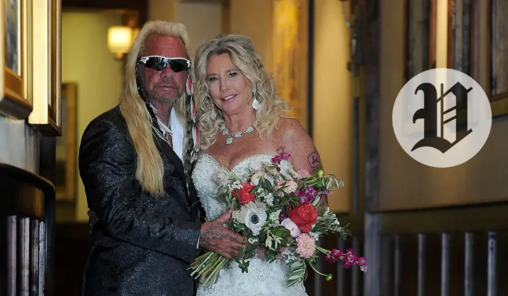 Francie Frane posing with Duane Chapman on their wedding day, holding a colorful bouquet.