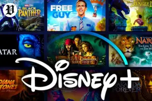 Disney Plus homepage with a lineup of blockbuster films, family titles, and new movies.