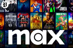 Max streaming service display featuring popular films and new movies highlighted on the platform.